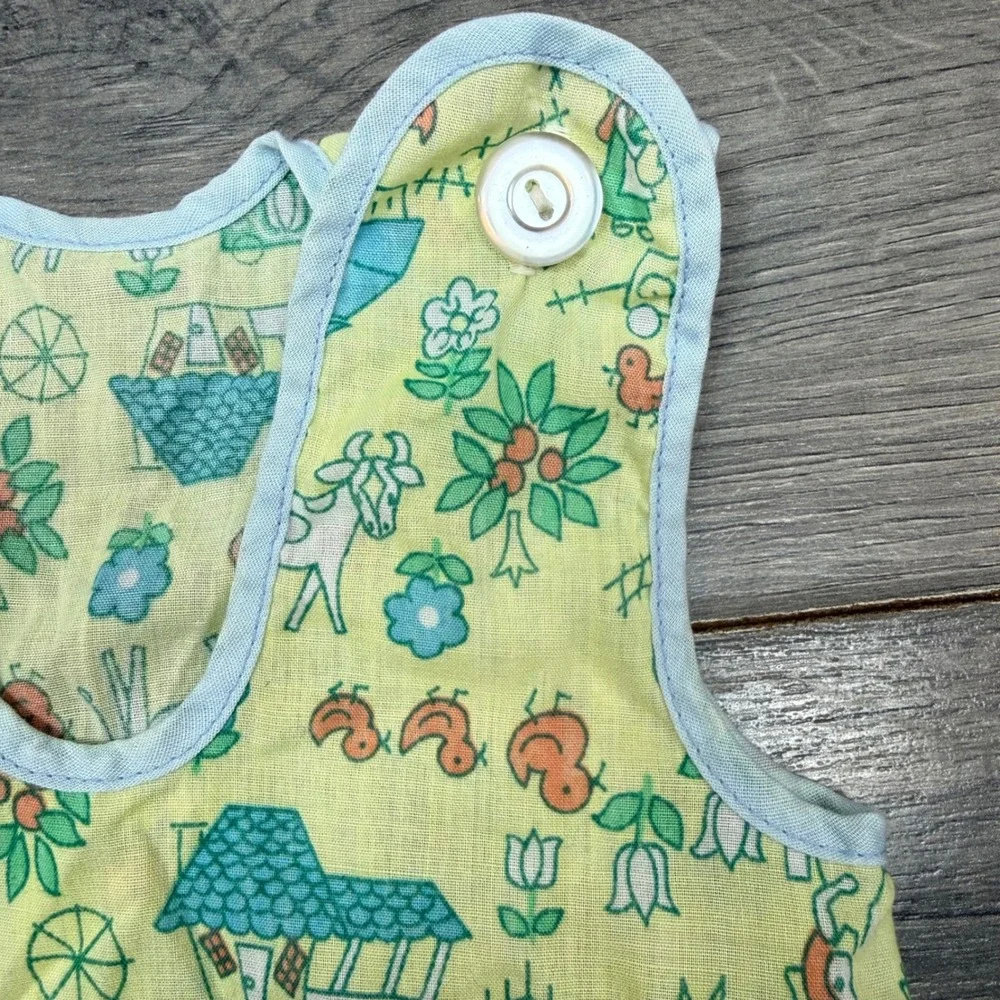 Vintage Baby Romper Farm Animal Print Yellow Cotton One‑Piece 3–6M Cottagecore
